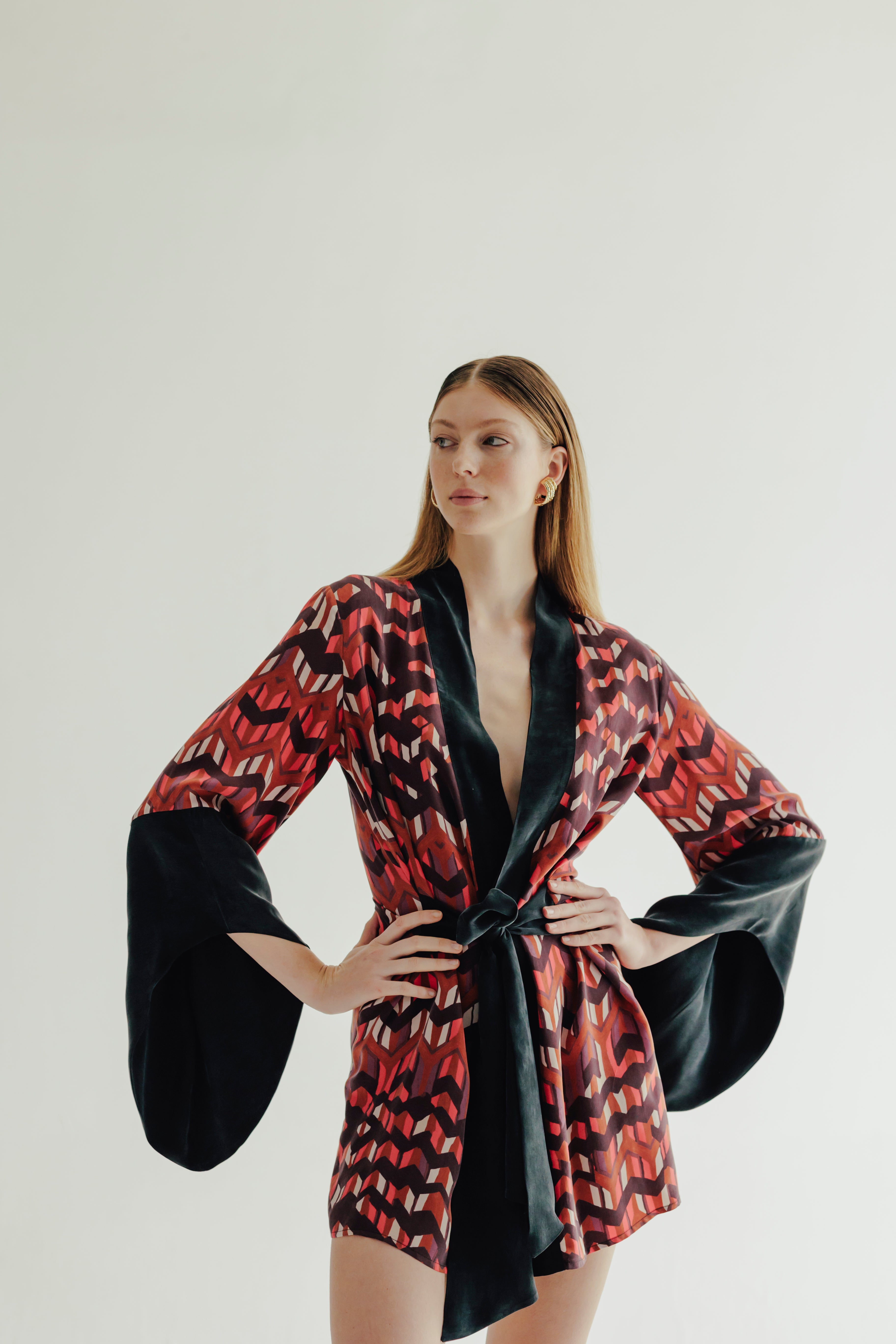 JUDE % 100 Vegan Silk Printed Mini Kimono
